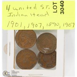 4 UNITED STATES INDIAN HEAD PENNIES YEARS 1901,