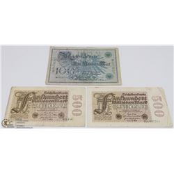 GERMAN BANKNOTES - TWO 500 MARK 1920, AND 100 MARK