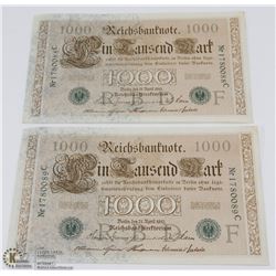 2 UNCIRCULATED GERMAN 1000 MARK BANK NOTES WITH