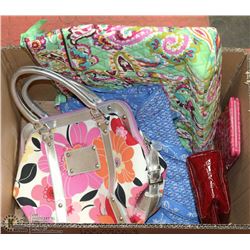 BOX OF NEW OVERSTOCK STORE HANDBAGS, WALLETS AND
