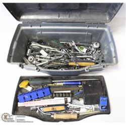 PLASTIC TOOL BOX WITH ASSORTED RATCHETS, WRENCHES