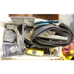 PLASTIC BIN WITH RATCHET STRAPS, STUD FINDER,