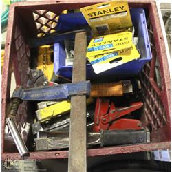CRATE WITH VARIOUS STAPLERS, STAPLES & CLAMP