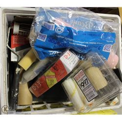 CRATE OF PAINTBRUSHES, ROLLERS & SANDING MATERIALS
