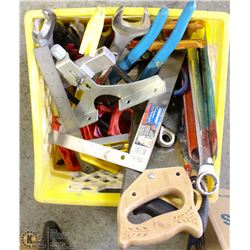 CRATE OF ASSORTED WRENCHES PLIERS + MORE