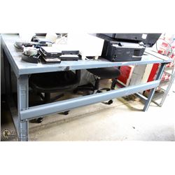 METAL WORK DESK WITH 2 CHAIRS, MONITOR, PRINTERS,