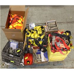 PALLET WITH VARIOUS SAFETY GEAR, NAILS, STAPLES