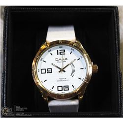 Q-MAX GOLD TONE W/ WHITE STRAP MENS WATCH