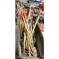 LARGE LOT OF ASSORTED SHOVELS, RAKES, PICKAXES AND