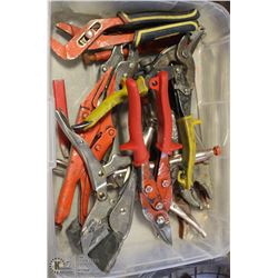 PLASTIC BIN OF VARIOUS SNIPS AND PLIERS
