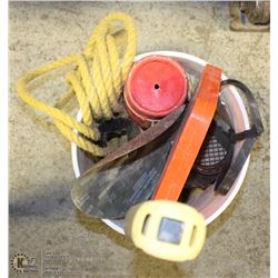 PAIL WITH BOARD BENDER, MEASURING TAPE AND MORE