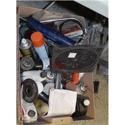 BIN OF ASSORTED ADHESIVES, LUBRICANTS AND MORE