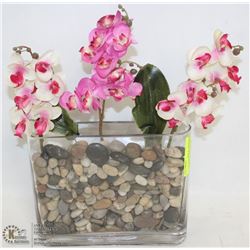 SILK ORCHID ARRANGEMENT IN RIVER ROCK. 15" X 10"