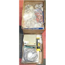 BOX OF ASSORTED ASSORTED CLIPS, DOOR HANGERS,