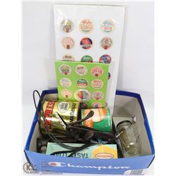 BOX OF ITEMS INCL ANTIQUE SAW, SHARPENING CLAMP,