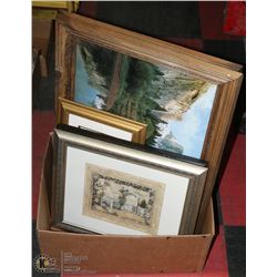 BOX OF ASSORTED ESTATE PICTURES FRAMED.