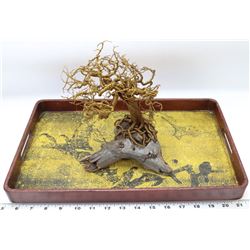 ASIAN WOODEN TRAY WITH COPPER WIRE BANSAI TREE