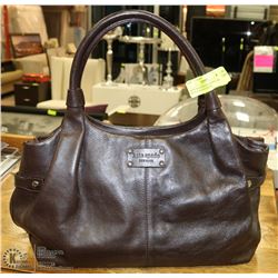 KATE SPADE BROWN PURSE, HAS BLUE & WHITE STRIPED