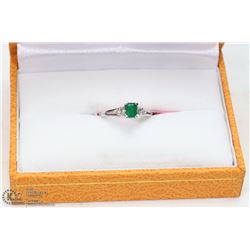 33) 14K WHITE GOLD EMERALD & 2 DIAMOND RING