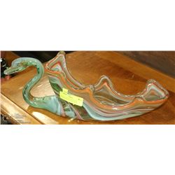 MURANO GLASS GREEN AND ORANGE SWAN 18"LX 4"WIDE
