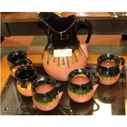 CLAY PITCHER WITH 5 CLAY CUPS ALL MADE IN MEXICO
