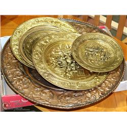 FLAT OF 5 BRASS WALL PLAQUES - 1 LG COPPER