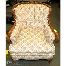 VINTAGE WOOD ACCENT UPHOLSTERED ARM CHAIR