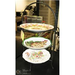 3 TIER METAL PLATE STAND  WITH CHINA PLATES