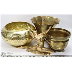 BOX OF BRASS PLANTERS & STATUE