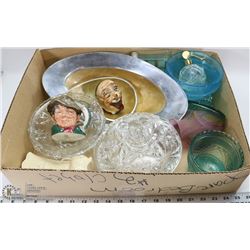 BOX OF ESTATE GLASS WARE, ORNAMENTS & MORE