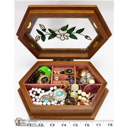 WOOD & STAINED GLASS JEWELLERY BOX WITH CONTENTS