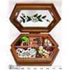 Image 1 : WOOD & STAINED GLASS JEWELLERY BOX WITH CONTENTS