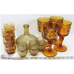 BOX OF VINTAGE AMBER GLASS SETS