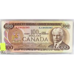 1975 CANADIAN $100.00 BILL WITH POKER HAND SERIAL