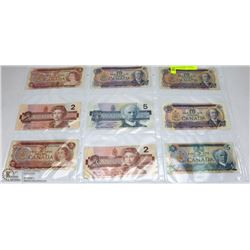 LOT OF 9  ASSORTED CANADIAN BILLS INCL 3-$10'S,
