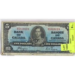 1937 CANADIAN $5.00 BILL.