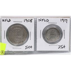 NFLD - 1908- 50 CENT COIN  &  1917- 25 CENT COIN.