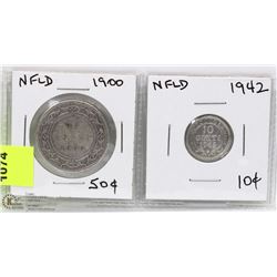 NFLD - 1900 -50 CENT COIN  &  1942 10 CENT COIN.