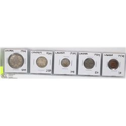 CANADA SET OF 1934 COINS.  50, 25, 10, 5, 1  CENTS