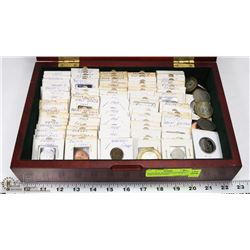 WOOD BOX WITH ESTATE WORLD COIN COLLECTION.