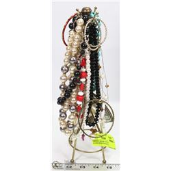 VINTAGE METAL JEWELLERY STAND WITH CONTENTS