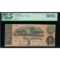 1864 $5 Confederate States of America Note PCGS 58PPQ