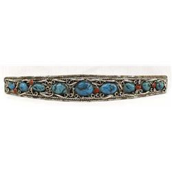 Navajo German Silver Turquoise & Coral Belt Buckle