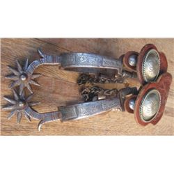early Calif silver inlaid drop shank spurs with silver concho straps