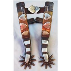 Kelly Bros heart pattern silver, brass & copper mounted spurs