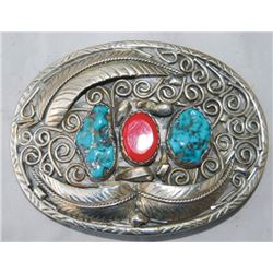 Navajo silver, turquoise, coral belt buckle