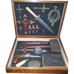 old and rare Catholic cased set, mid 1800's, knife with ivory handle, wooden stake