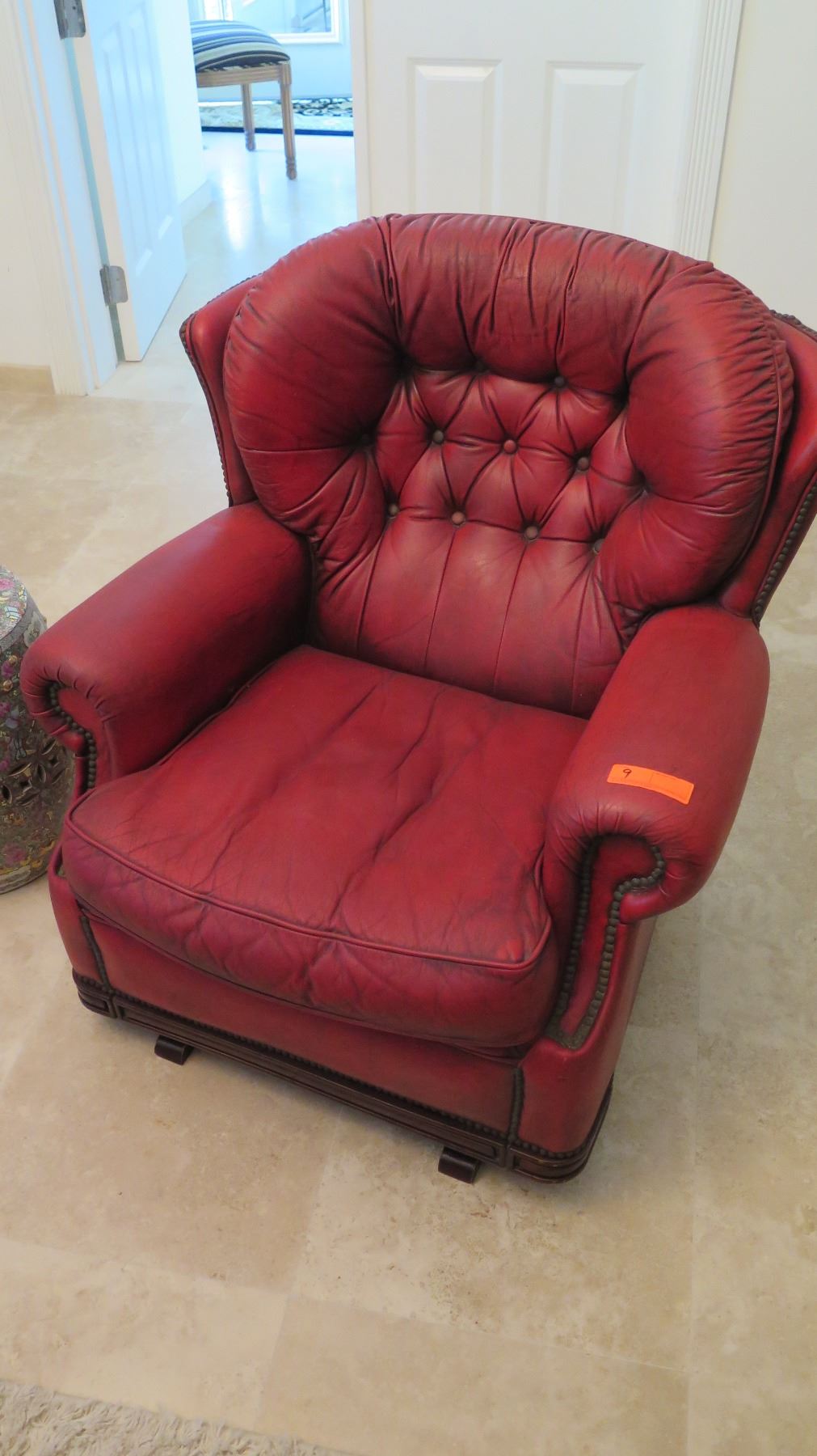 Plush Red Leather Arm Chair w/Tufted Backrest - Oahu Auctions