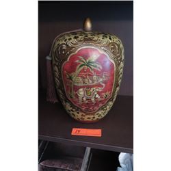 Painted Decorative Ceramic Urn w/ Lid, Elephant/Leopard Motif, Approx 12" H