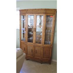 Tall China Cabinet w/Woven Rattan & Carved Bamboo Trim